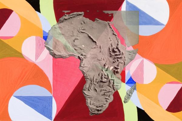 Topographical image of Africa over a colorful, abstract array of shapes