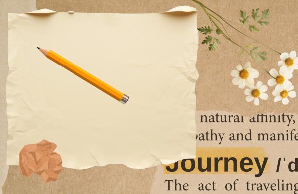 scraps of brown paper, flowers, a pencil, and the word Journey i
