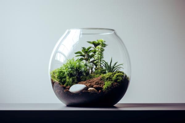 plants and soil in a glass terrarium on a table
